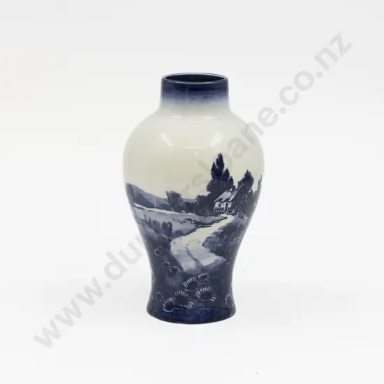 Royal Doulton Blue & White Flambe Continuous Landscape Meking Vase 16.5cm H