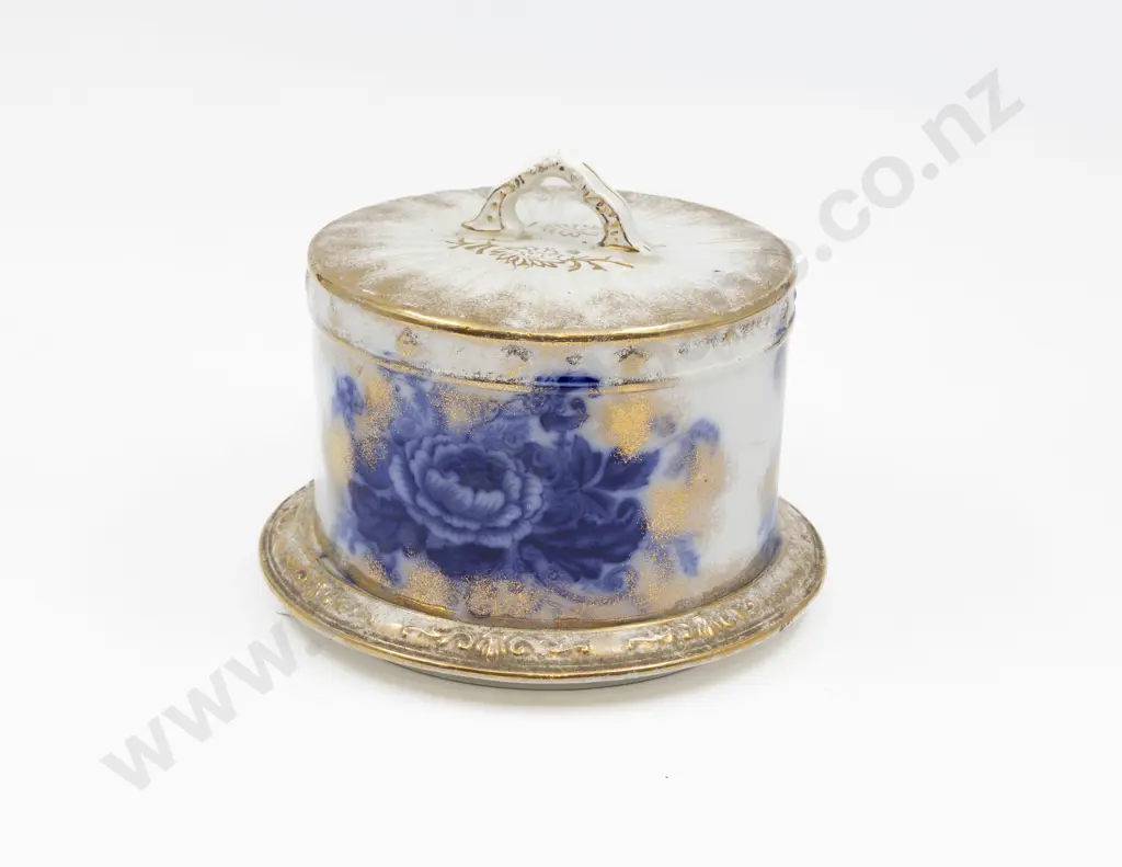 Victorian Blue & White Floral Cheese Dome & Tray with Gilt Highlights 18cm Diameter Dome Image 1++