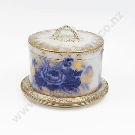 Victorian Blue & White Floral Cheese Dome & Tray with Gilt Highlights 18cm Diameter Dome