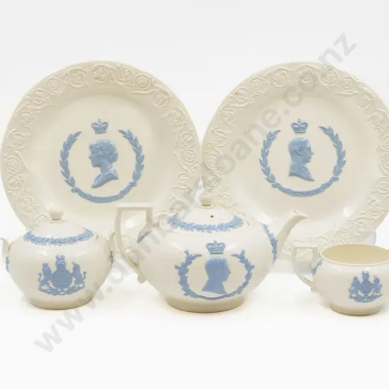 Wedgwood Embossed Queens Ware Geo VI & Queen Elizabeth 1937 Coronation Three Pce Teaset