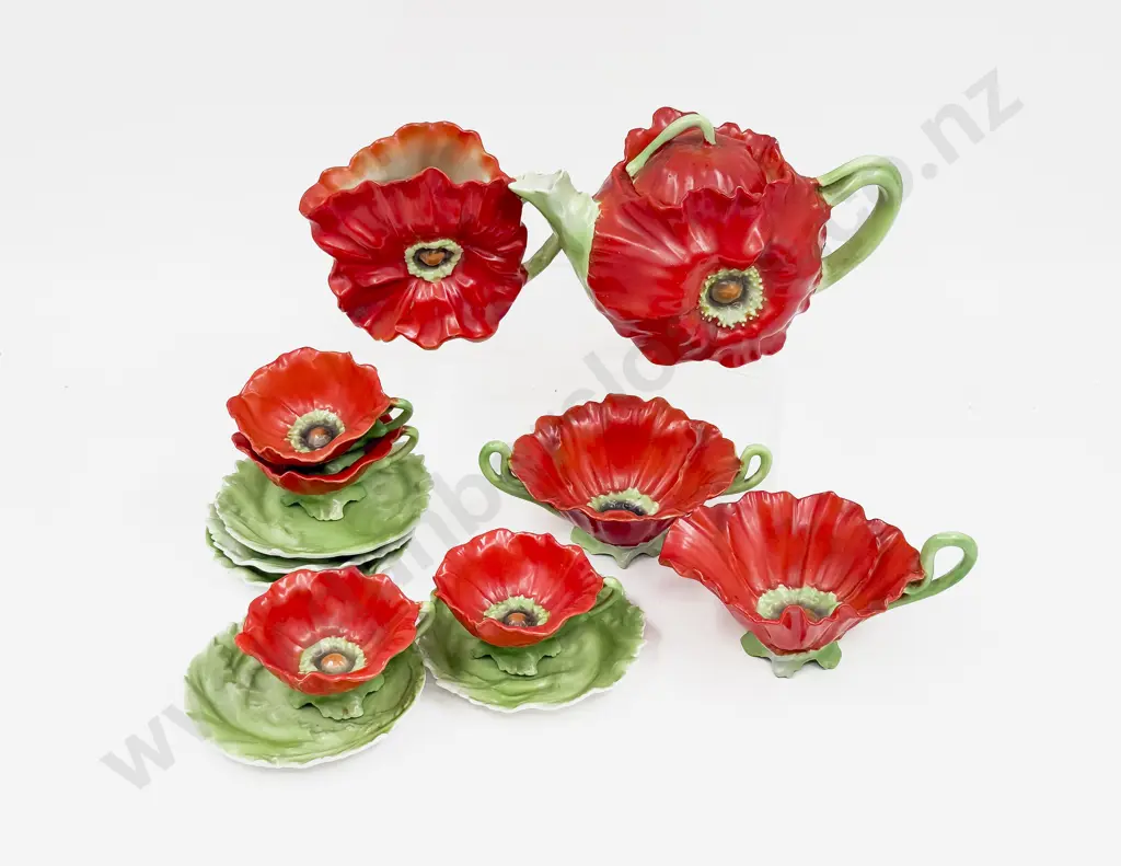 Royal Beyreuth Poppy Molded Cup & Saucers Teapot Sugar & Cream (8 Pces) Image 1++