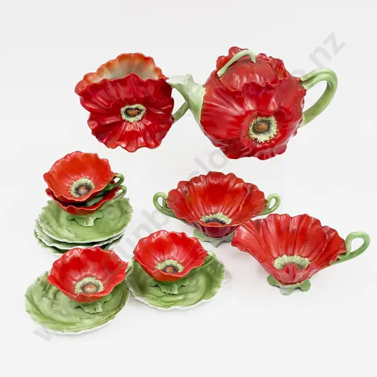 Royal Beyreuth Poppy Molded Cup & Saucers Teapot Sugar & Cream (8 Pces)