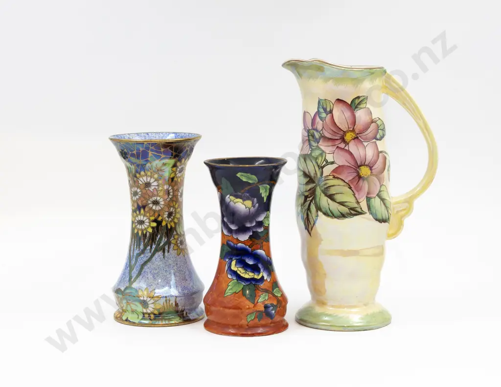 Maling Lustre "Dahlia" Pattern Ewer & Two Various Vases - Tallest 27cm H Image 1++