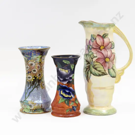 Maling Lustre "Dahlia" Pattern Ewer & Two Various Vases - Tallest 27cm H