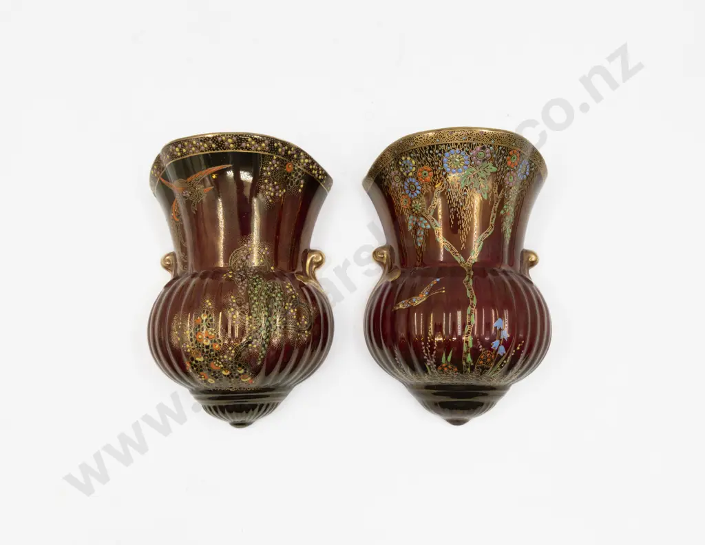 Two Crown Devon Lustre Rouge Royale Enamel Decorated Wall Pockets 18cm H Image 1++