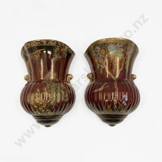 Two Crown Devon Lustre Rouge Royale Enamel Decorated Wall Pockets 18cm H