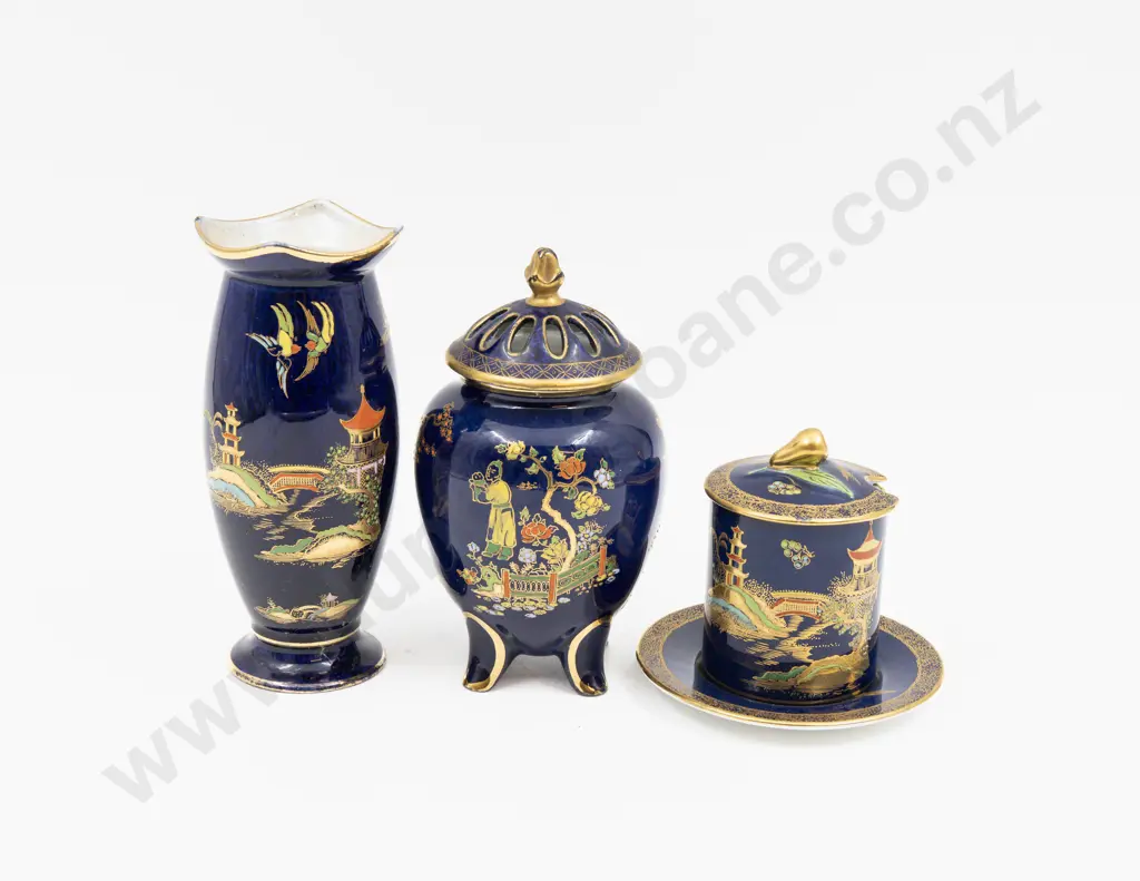 Two Pieces Carlton Ware Lustre Pagoda Pattern & Other Carlton Ware Lustre Vase Tallest 15cm H Image 1++