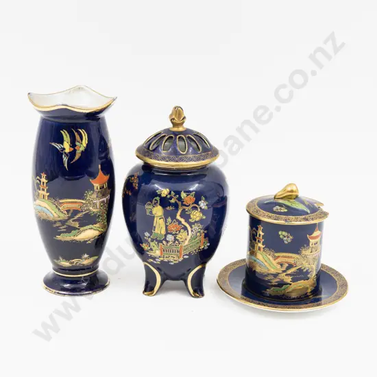 Two Pieces Carlton Ware Lustre Pagoda Pattern & Other Carlton Ware Lustre Vase Tallest 15cm H