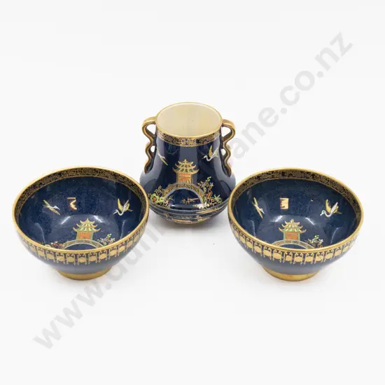 Carlton Ware Lustre Pagoda Pattern Posy Vase 9cm H & Two Small Bowls
