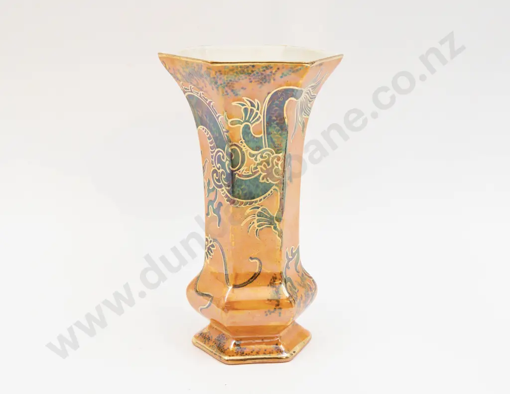 Bursley Ware Lustre Dragon Pattern Octagonal Bowl & Hexagonal Vase 19cm Dia & 19.5cm H Image 1++