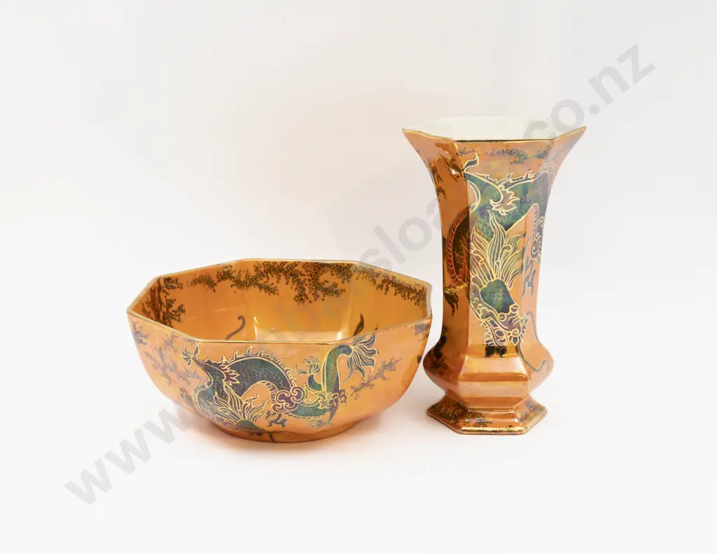 Bursley Ware Lustre Dragon Pattern Octagonal Bowl & Hexagonal Vase 19cm Dia & 19.5cm H Image 1++