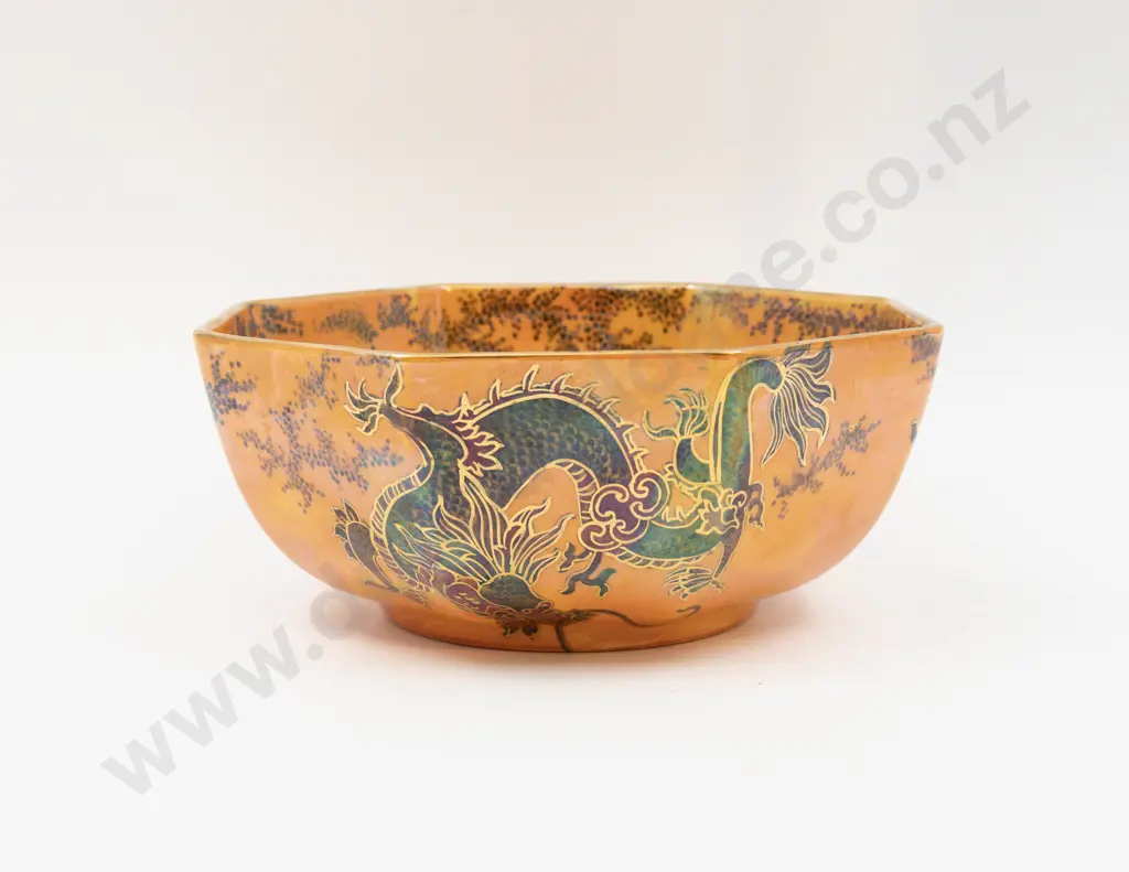 Bursley Ware Lustre Dragon Pattern Octagonal Bowl & Hexagonal Vase 19cm Dia & 19.5cm H Image 1++