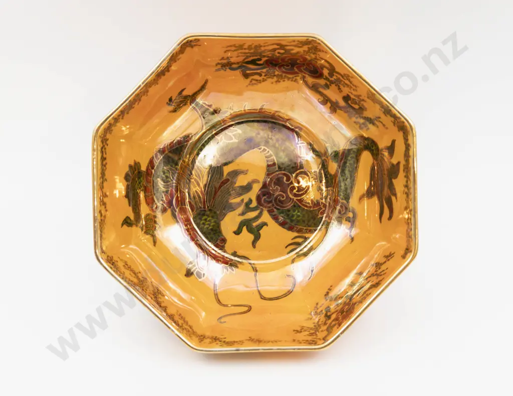 Bursley Ware Lustre Dragon Pattern Octagonal Bowl & Hexagonal Vase 19cm Dia & 19.5cm H Image 1++