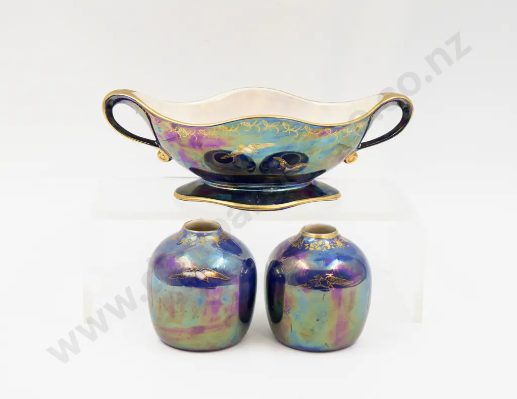 Two Crown Devon Lustre Posy Pots & Boat Shape Bon Bon Dish 21cm L Image 1++