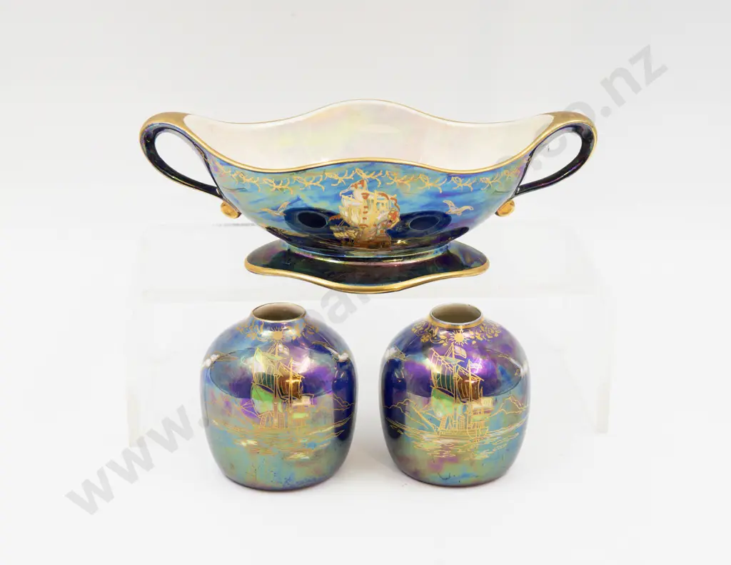 Two Crown Devon Lustre Posy Pots & Boat Shape Bon Bon Dish 21cm L Image 1++