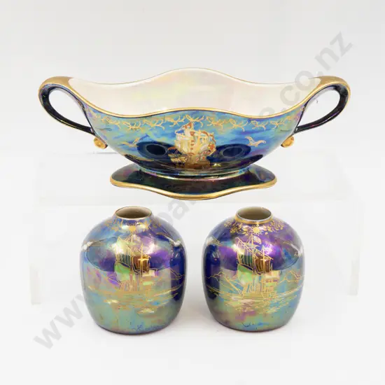 Two Crown Devon Lustre Posy Pots & Boat Shape Bon Bon Dish 21cm L
