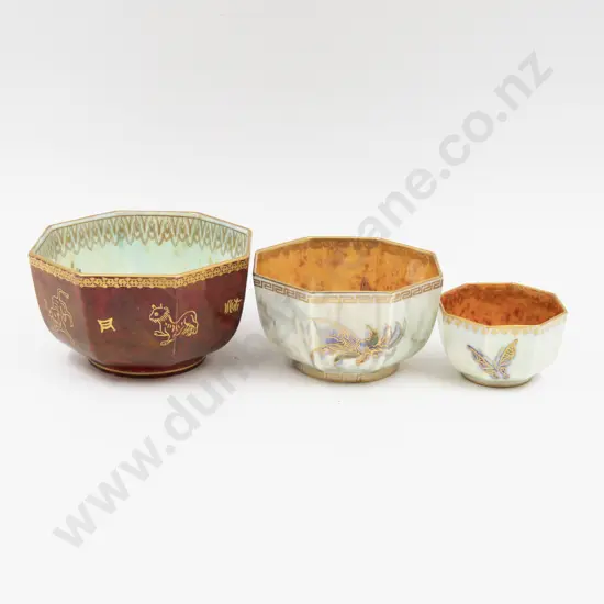 Three Graduated Wedgwood Lustre Octagonal Bowls Largest 11.5cm Dia