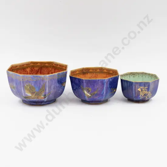 Three Graduated Wedgwood Lustre Octagonal Bowls Largest 10.5cm Dia