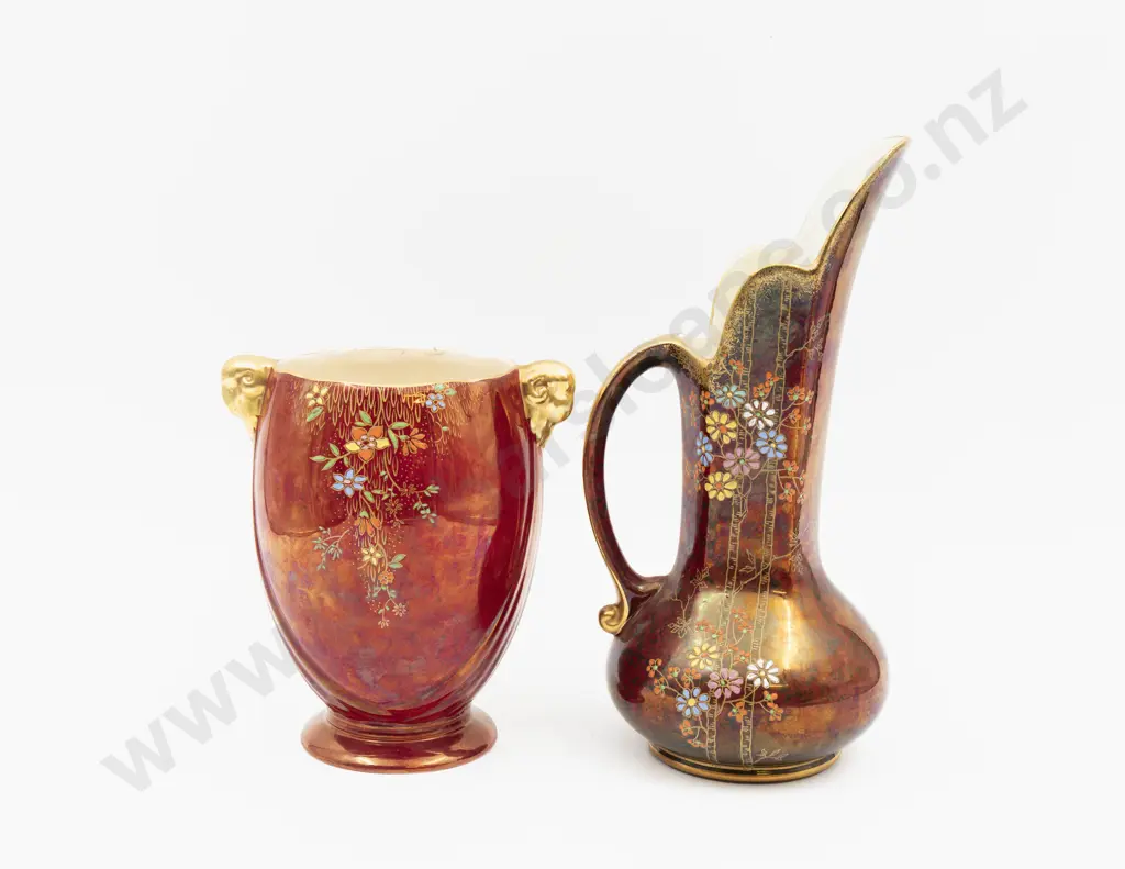 Crown Devon Lustre & Floral Enamel Decorated Vase & Jug Tallest 26cm H Image 1++