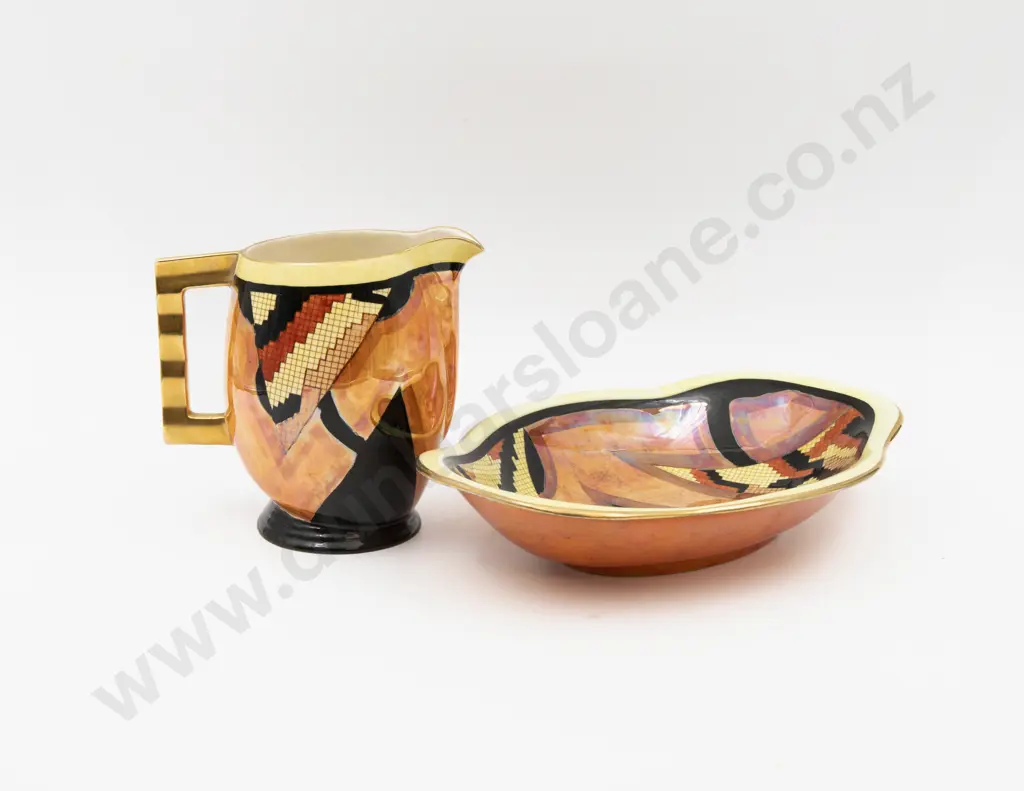 Carlton Ware Art Deco Jazz Stich Pattern Lustre Jug & Bowl Tallest 14cm H Image 1++