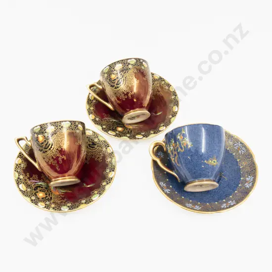 Three Carlton Ware Lustre Demitasse Cups & Saucers