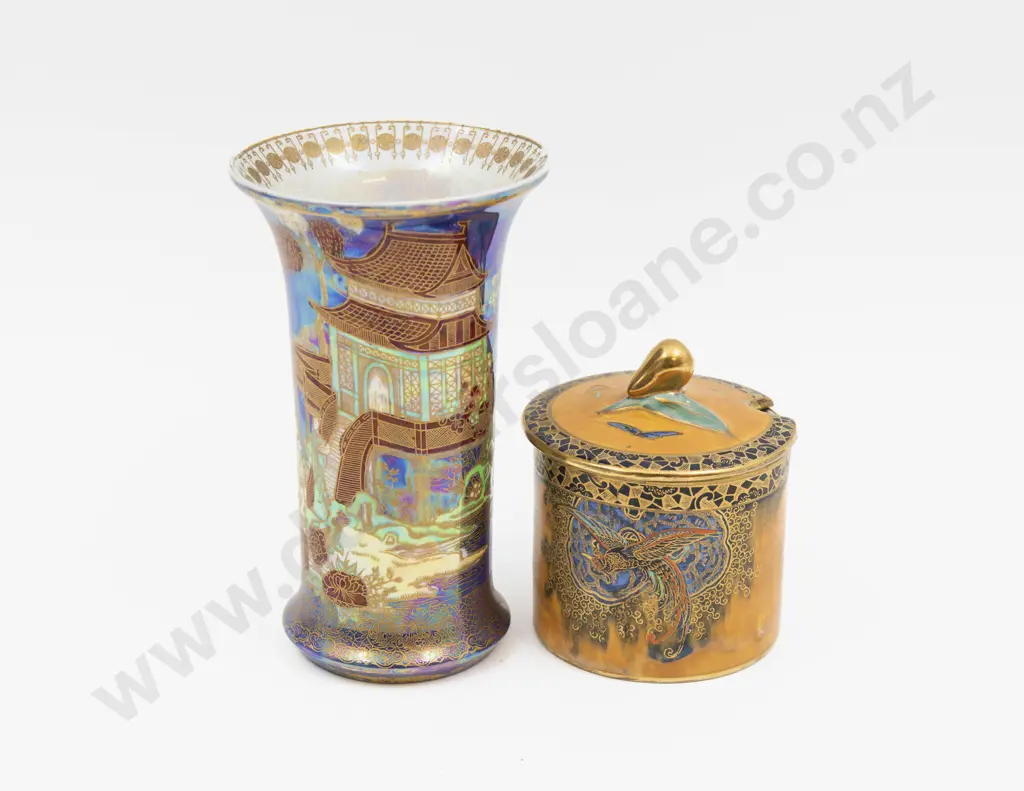 Carlton Ware Lustre Pagoda Pattern Vase & Lidded Preserve Pot Tallest 15cm H Image 1++