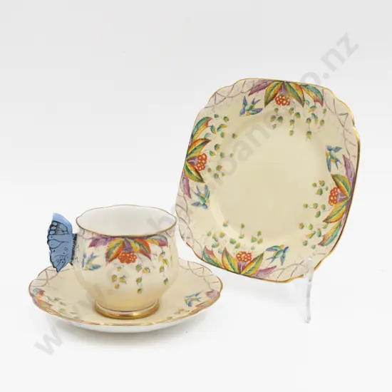 Royal Albert Butterfly Handle 'Virginia' Pattern Teacup Saucer & Plate
