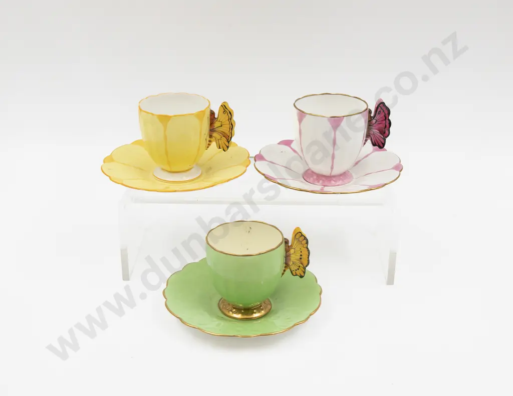 Three Aynsley Butterfly Handle Demi Tasses Cups & Saucers Image 1++