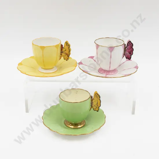 Three Aynsley Butterfly Handle Demi Tasses Cups & Saucers