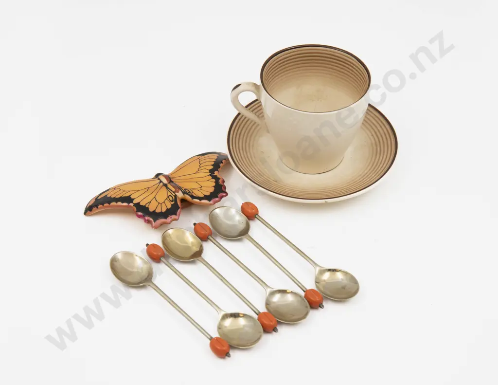 Royal Doulton Butterfly Ornament Demi Tasse Cup & Saucer & Six S/P Coffee Spoons Image 1++