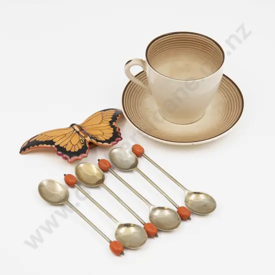 Royal Doulton Butterfly Ornament Demi Tasse Cup & Saucer & Six S/P Coffee Spoons