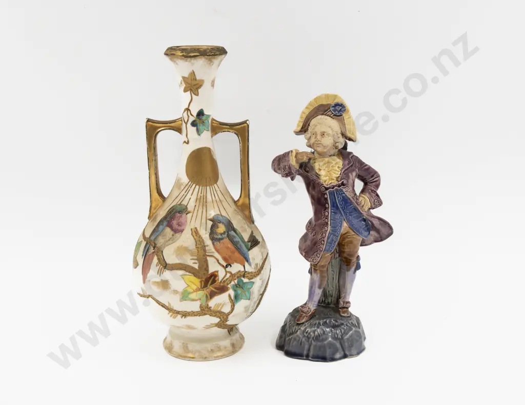 European Hand Painted Two Handled Bottle Vase 27cm H & Part Glazed Figural Ornament 23cm H Image 1++