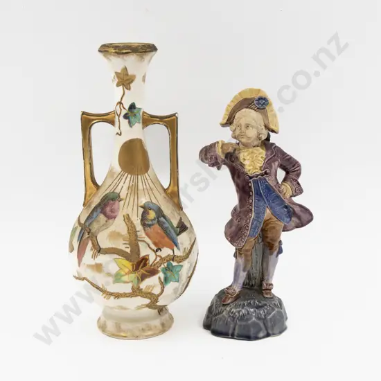 European Hand Painted Two Handled Bottle Vase 27cm H & Part Glazed Figural Ornament 23cm H