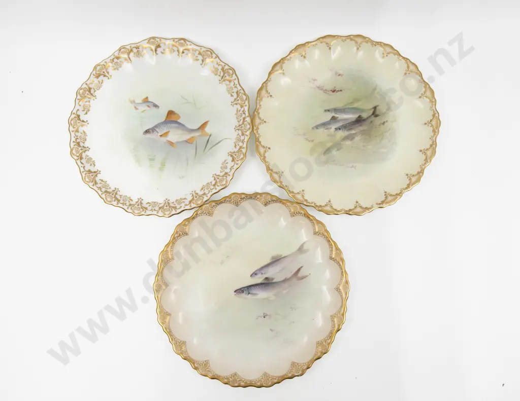 Three Royal Doulton Plates Hand Painted with Fish 22cm Dia Image 1++