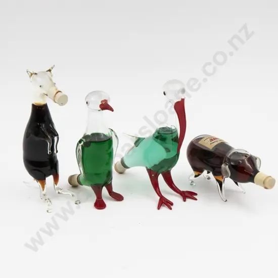 Four Hand Blown Glass Animal Form Novelty Liqueur Bottles Tallest 12cm H