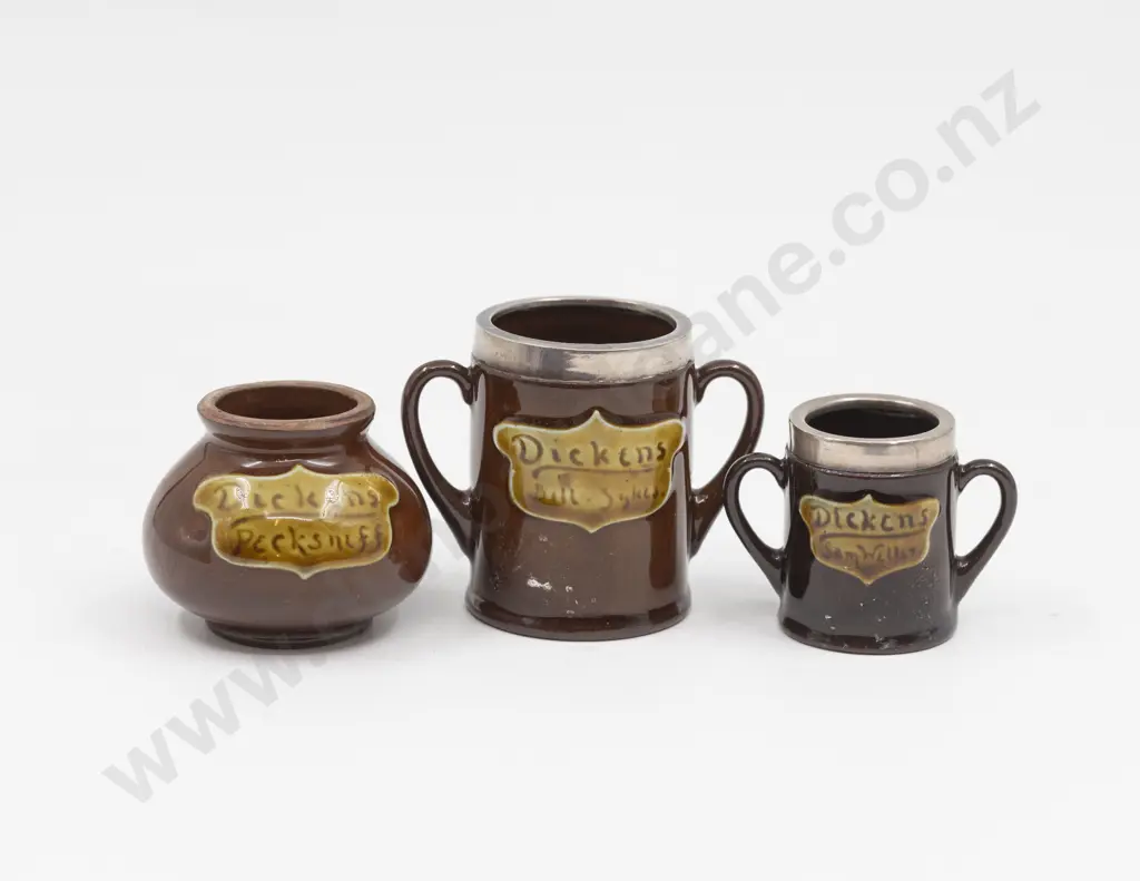 Three Doulton Kingsware Miniature Dickens Character Pots Image 1++