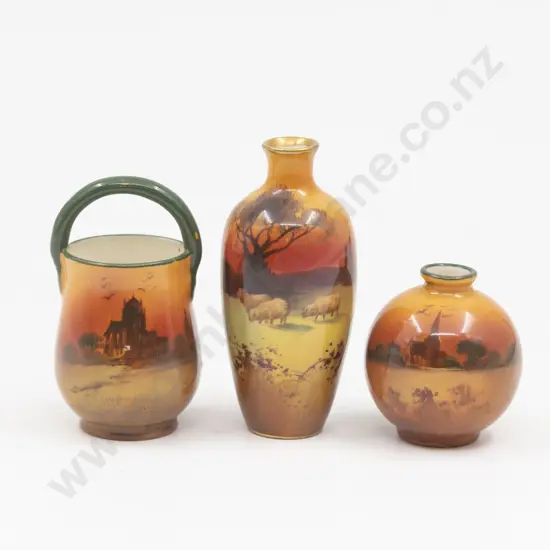 Three Royal Doulton Miniature Sunset Continuous Landscape Series Vases