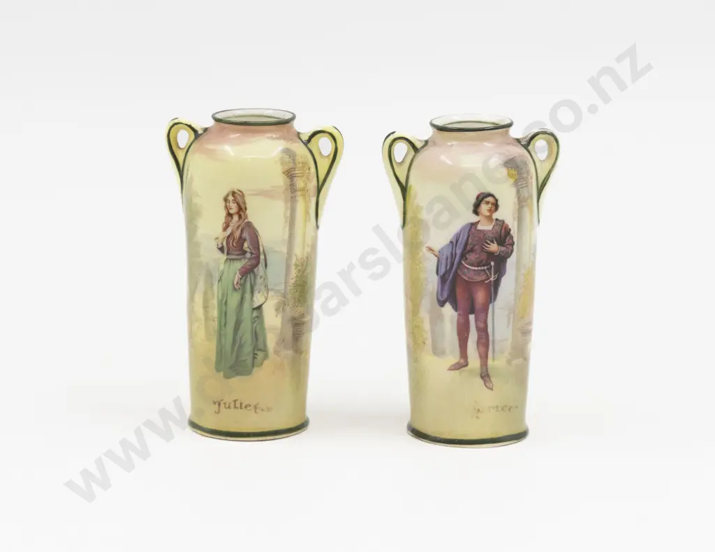 Pair Royal Doulton Miniature Shakespeare Series Vases - Romeo and Juliet 10.5cm Image 1++