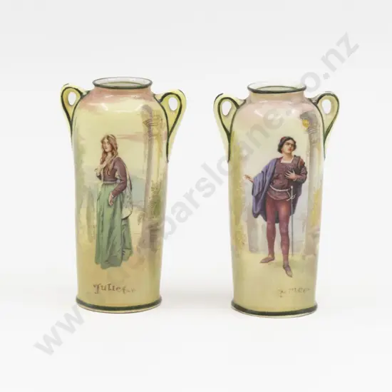 Pair Royal Doulton Miniature Shakespeare Series Vases - Romeo and Juliet 10.5cm