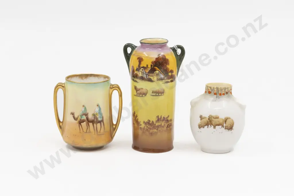 Three Royal Doulton Miniature Sheep Landscape and Dessert Scene Vases Image 1++