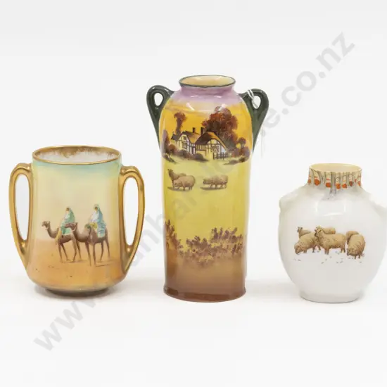 Three Royal Doulton Miniature Sheep Landscape and Dessert Scene Vases
