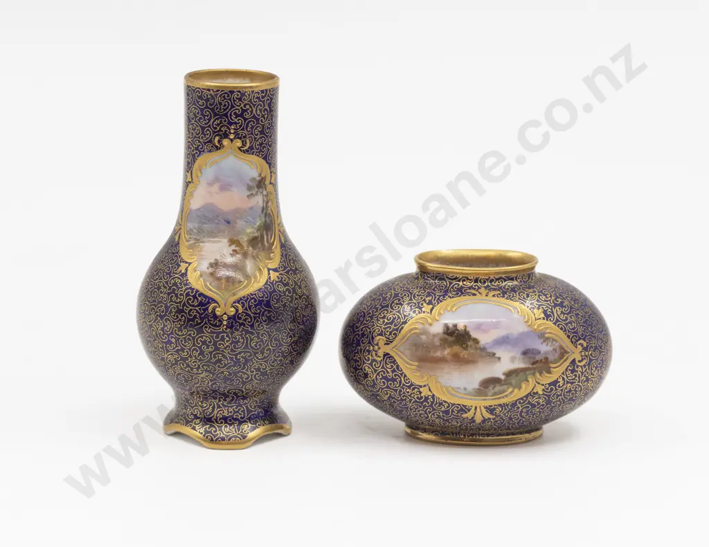 Two Royal Doulton Miniature Hand Painted Landscape Cartouche Vases Image 1++