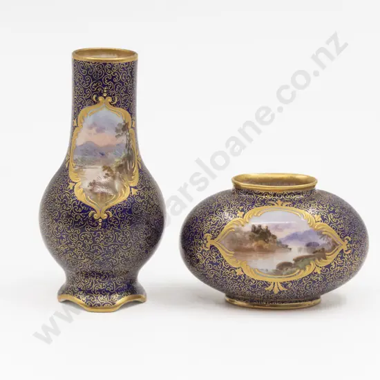 Two Royal Doulton Miniature Hand Painted Landscape Cartouche Vases