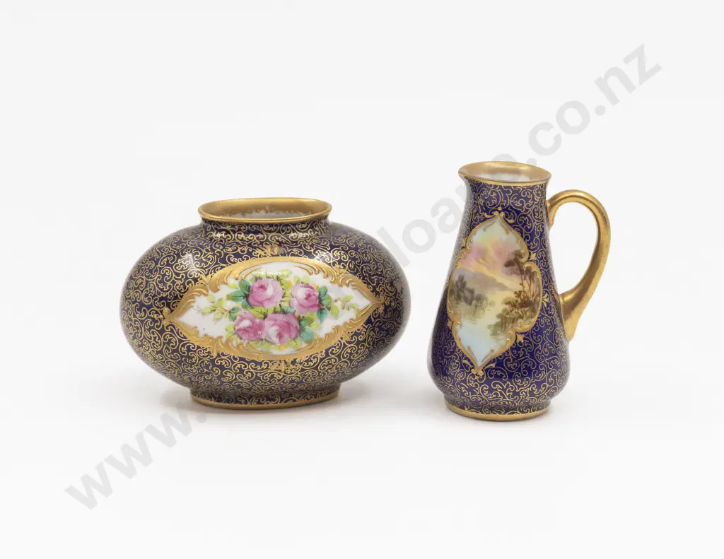 Two Royal Doulton Miniature Hand Painted Landscape and Rose Cartouche Vases Image 1++