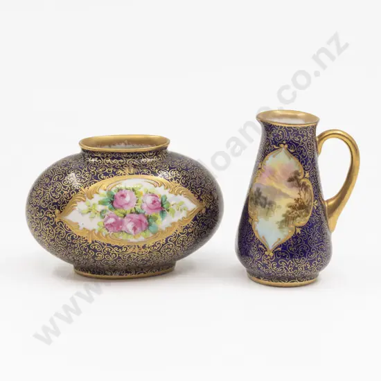 Two Royal Doulton Miniature Hand Painted Landscape and Rose Cartouche Vases
