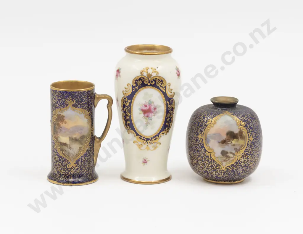 Three Royal Doulton Miniature Hand Painted Landscape and Rose Cartouche Vases Image 1++