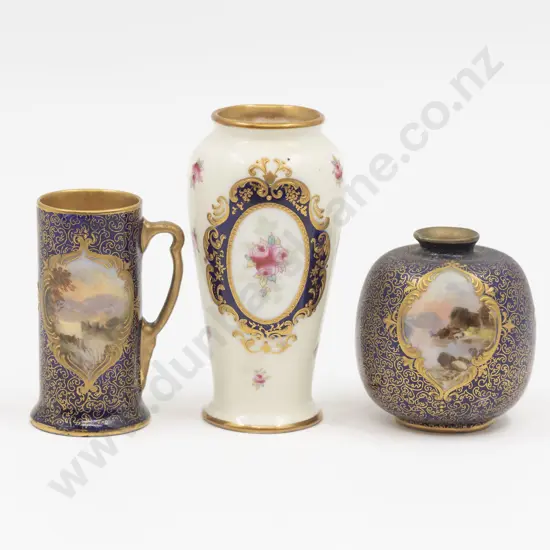 Three Royal Doulton Miniature Hand Painted Landscape and Rose Cartouche Vases