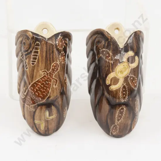 Two Australian Essexware Leura Miniature Aboriginal Design Painted Wall Pockets