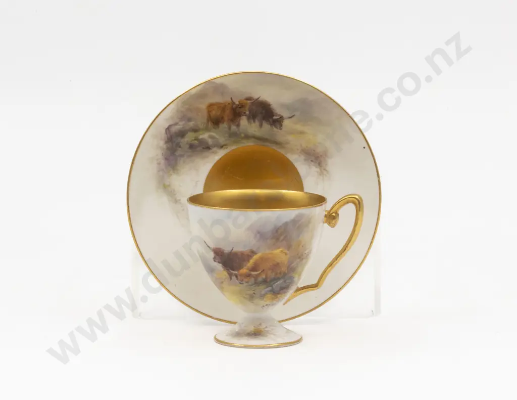 C1919 Royal Worcester Hand Painted Highland Cattle Demi-Tasse Coffee Cup and Saucer Signed H Stinton Image 1++