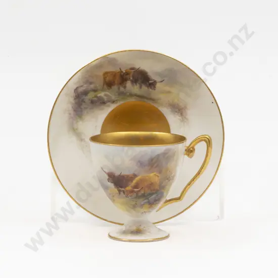 C1919 Royal Worcester Hand Painted Highland Cattle Demi-Tasse Coffee Cup and Saucer Signed H Stinton